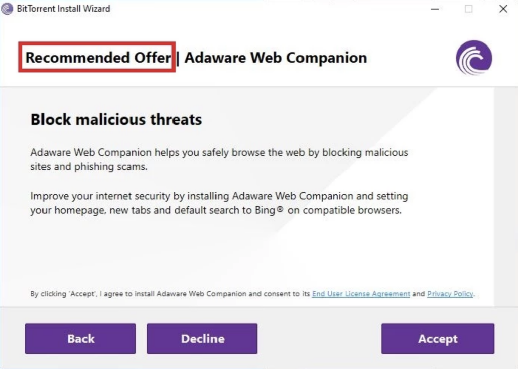 Programma di installazione in bundle di Adaware Web Companion