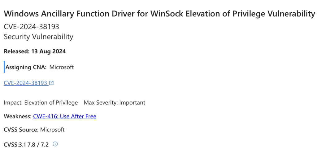 CVE-2024-38193 Exploited by Lazarus Group in Targeted Attacks CVE-2024-38193 Microsoft details