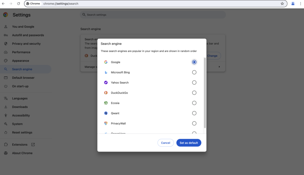 Select Google as Default Search on Chrome